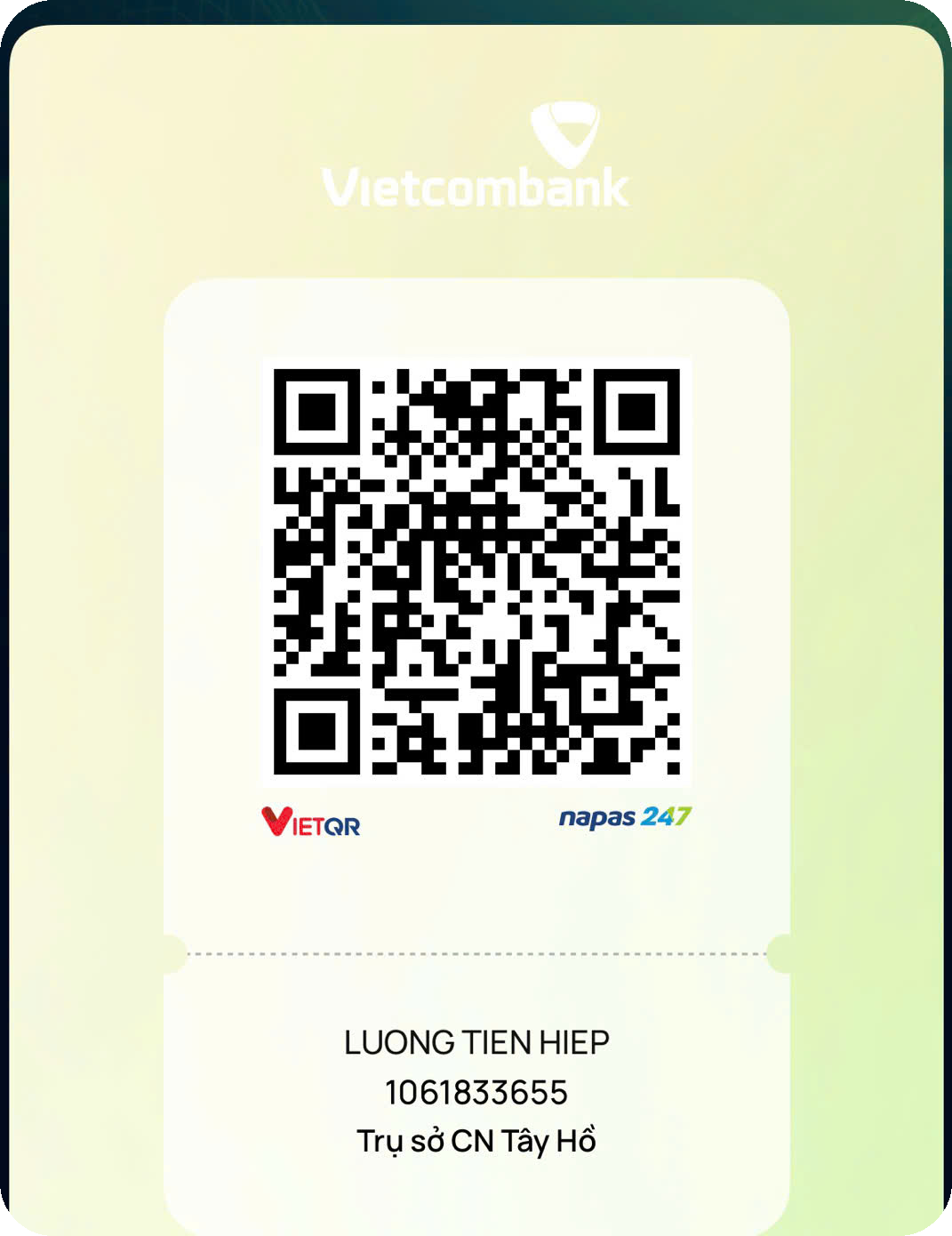 Mã VietQR chuyển khoản Vietcombank, chủ tài khoản Lương Tiến Hiệp